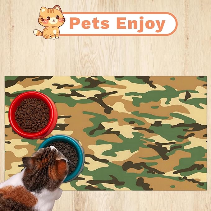 Camouflage Dog Food Mat for Floors Absorbent Dog Bowl Mat for Food and Water Dispenser Quick Dry Cat Food Placemat Pet Supplies 12" x 20", Brown Green Camo
