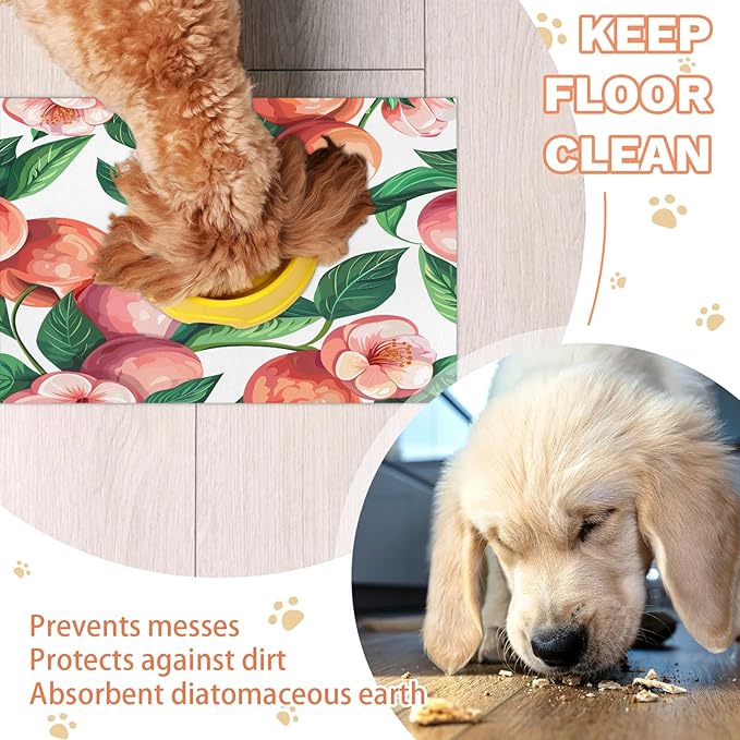 Peach Dog Food Mat for Floors Absorbent Dog Bowl Mat for Food and Water Dispenser Quick Dry Cat Food Placemat Pet Supplies 16" x 24", Flower