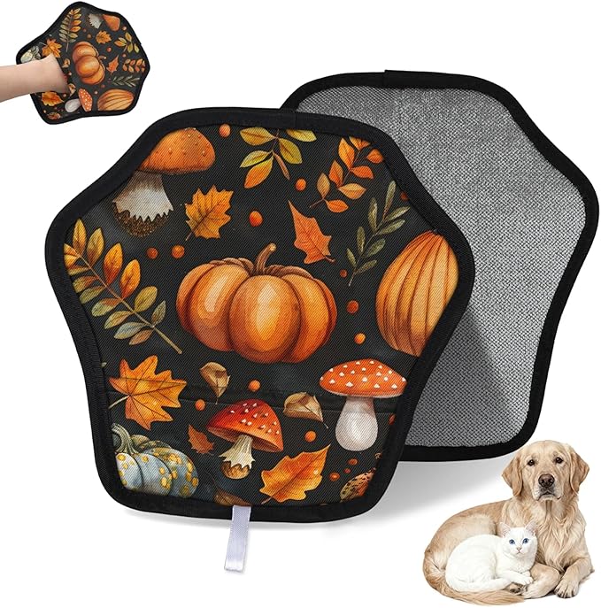 Reusable Pet Hair Removal Glove Pumpkin Mushroom Leaves Magic Brush for Cat & Dog Hair Remover for Car, Sofa, Bedding, Clothes - 9x9 Mitt Washable