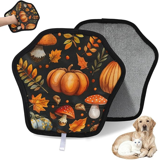 Reusable Pet Hair Removal Glove Pumpkin Mushroom Leaves Magic Brush for Cat & Dog Hair Remover for Car, Sofa, Bedding, Clothes - 9x9 Mitt Washable