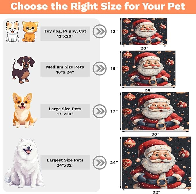 Santa Claus Dog Food Mat for Floors Absorbent, Quick Dry Water Dispenser Mat for Food, Water, Pet Supplies 24" x 32", Xmas Balls