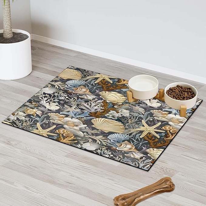 Nautical Coastal Dog Food Mat for Floors Absorbent Dog Bowl Mat for Food and Water Dispenser Quick Dry Cat Food Placemat Pet Supplies 24" x 32", Vintage Seashell