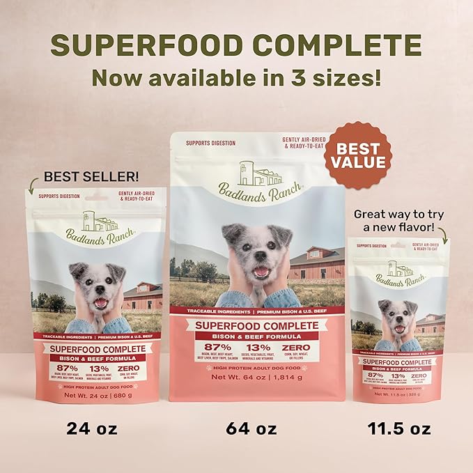 BADLANDS RANCH by Katherine Heigl – Superfood Complete Air-Dried Beef & Bison Dog Food – High Protein with Superfoods for Daily Wellness & Consistent Nutrition – 11.5 oz