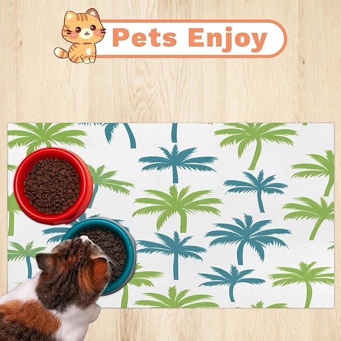 Palm Tree Dog Food Mat for Floors Absorbent, Quick Dry Water Dispenser Mat for Food, Water, Pet Supplies 17" x 30", Coconut Tree Plants