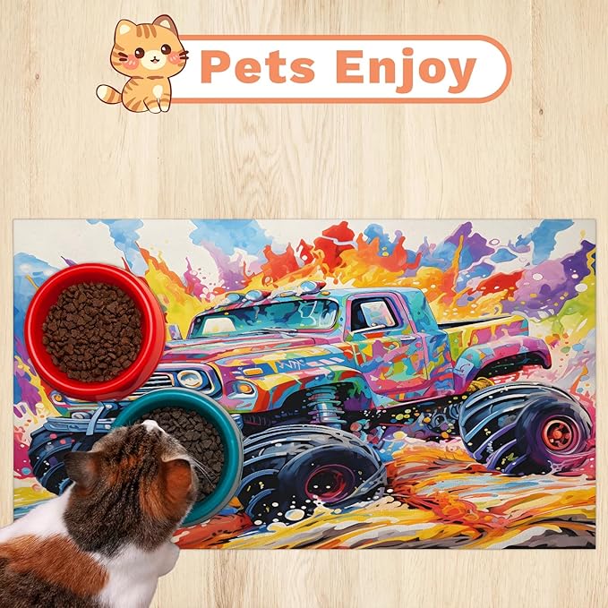 Cool Car Dog Food Mat for Floors Absorbent, Quick Dry Water Dispenser Mat for Food, Water, Pet Supplies 17" x 30", Watercolor Car