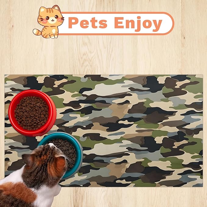 Green Camouflage Dog Food Mat for Floors Absorbent Dog Bowl Mat for Food and Water Dispenser Quick Dry Cat Food Placemat Pet Supplies 17" x 30", Woodland Camo