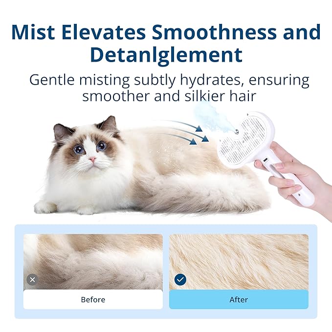Spray Cat Brush for Shedding,Pet Grooming Brush/Self-Cleaning Wet Cat Comb with USB Rechargeable & Water Tank,Suitable for Dogs,Cats to Reduces Flying Hair,Remove Tangled & Loose Hair(White)