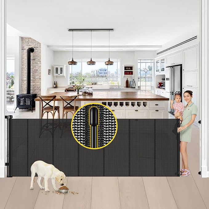Reinforced 42” Tall x 100” Extra Wide Retractable Baby Gates for Doorways Extra Tall Pet Gate with Rods to Prevent Crawling Through, Dog Gate for Large Openings Extra Long Mesh Gate, Black