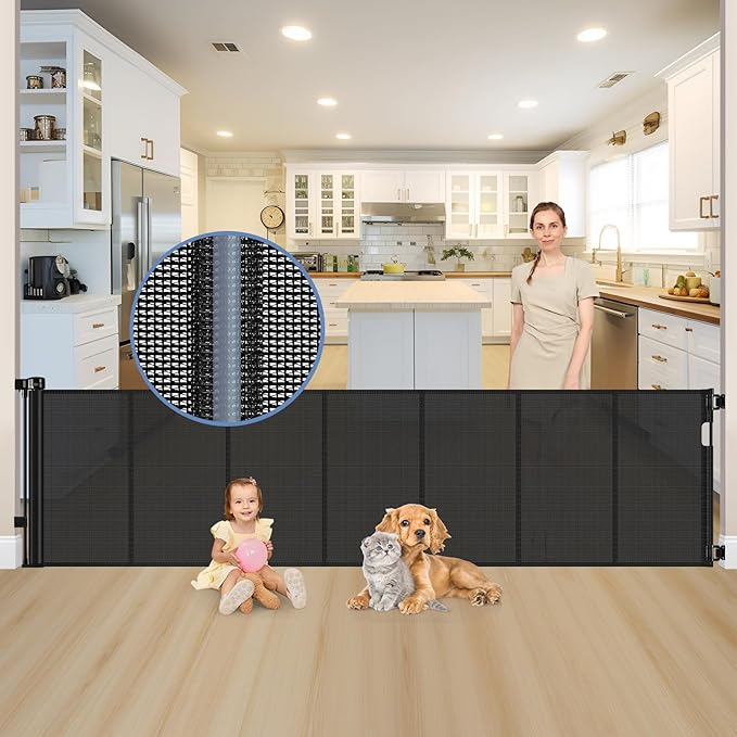 Reinforced 120 Inch Extra Long Retractable Dog Gates for Doorways Extra Wide Pet Gate Indoor 10 Ft Retractable Baby Gates for Dogs 33 Inch Tall Mesh Baby Gate Long with Reinforced Strips, Black