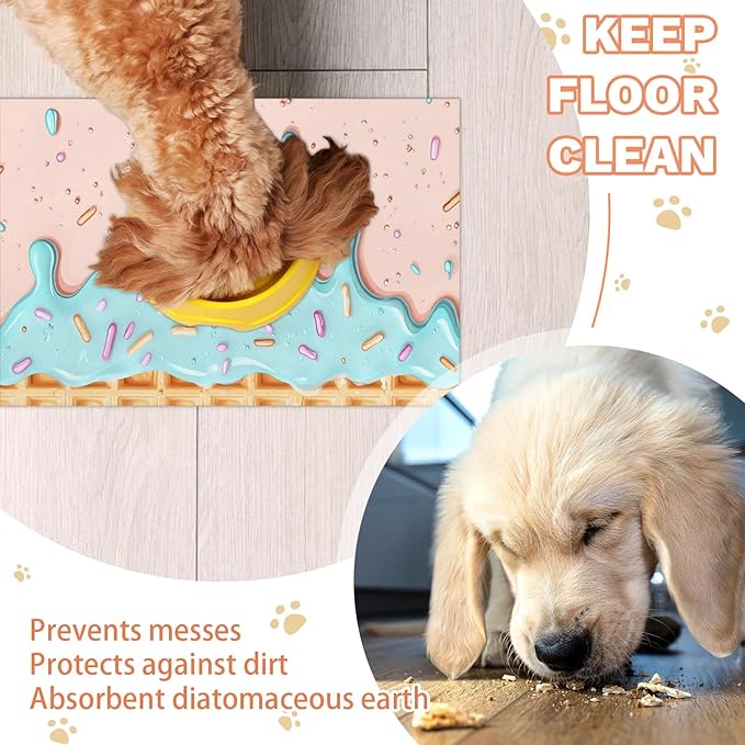 Teal Ice Cream Dog Food Mat for Floors Absorbent Dog Bowl Mat for Food and Water Dispenser Quick Dry Cat Food Placemat Pet Supplies 12" x 20", Waffle