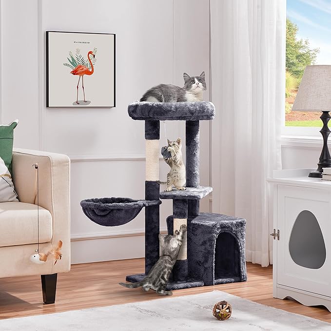 Yaheetech 34.5in Scratching Post, Cat Scratchers for Indoor Cats and Kittens, Multifunctional Activity Post w/Sisal Rope＆Dangling Ball＆Large Condo, Dark Gray