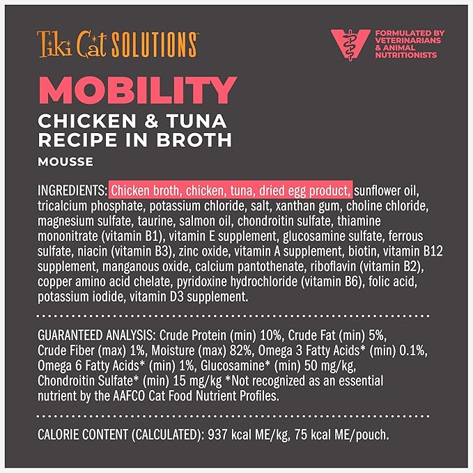 Tiki Cat Solutions Mobility Mousse, Chicken & Tuna Recipe in Broth, Formulated to Support Healthy Joints, Functional Wet Cat Food, 2.4 oz. Pouch (12 Count)