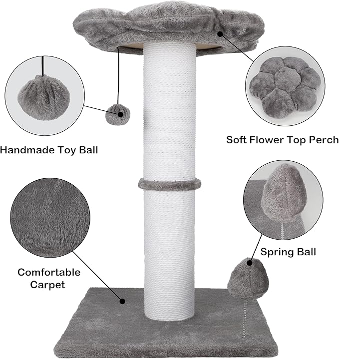 Heavy Duty Cat Scratching Post 30 Inch Cotton Rope Cats Scratcher with Flower Cat Perch & Hanging Ball for Indoor Cats Tall Cat Post(Grey)