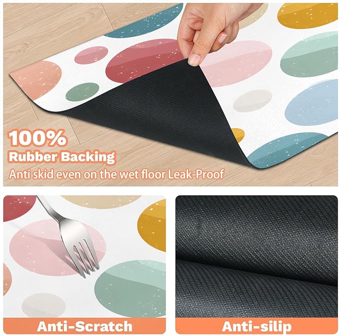 Polka Dot Dog Food Mat for Floors Absorbent Dog Bowl Mat for Food and Water Dispenser Quick Dry Cat Food Placemat Pet Supplies 17" x 30", Colorful Circle