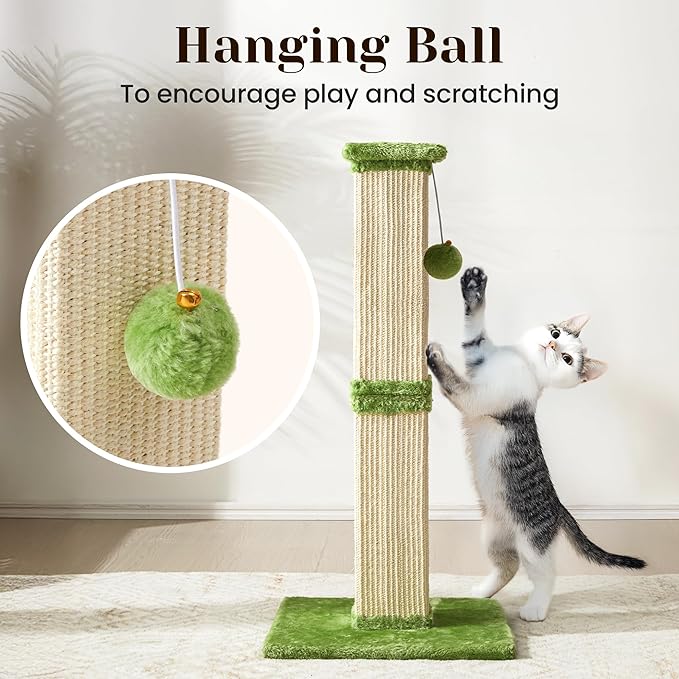 Tall Cat Scratching Post, 32'' Heavy Duty and Thick Scratching Post, Scratching Post for Adult Cats, Thick Sisal Rope with Hanging Ball, Green
