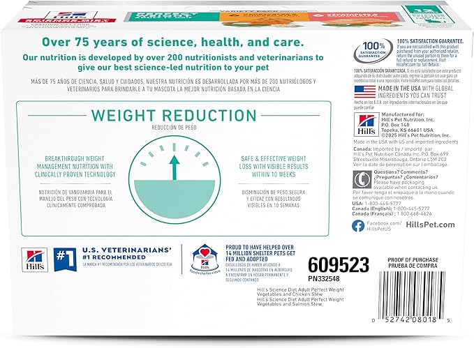 Hill's Science Diet Adult 1-6 Perfect Weight Wet Cat Food, Variety Pack: Chicken & Vegetables, Salmon & Vegetables Stew, 2.8 oz. Pouch, 12-Pack