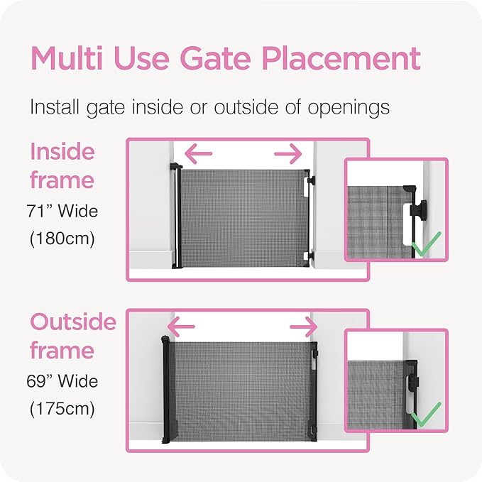 Retractable Baby Gate Perma Child Safety 33" Tall x 71” Wide, Mesh, for Stairs, Doorways, Dogs, Pets, Indoor, Outdoor, One-Handed Operation, Locking, Easy Install, Hardware Mount, Black