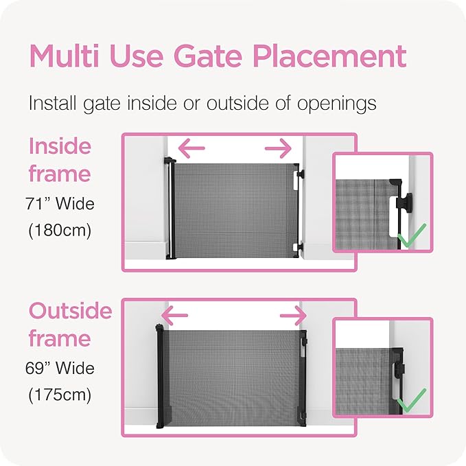 Retractable Baby Gate Perma Child Safety 41" Tall x 71” Wide, Mesh, for Stairs, Doorways, Dogs, Pets, Indoor, Outdoor, One-Handed Operation, Locking, Easy Install, Hardware Mount, Black
