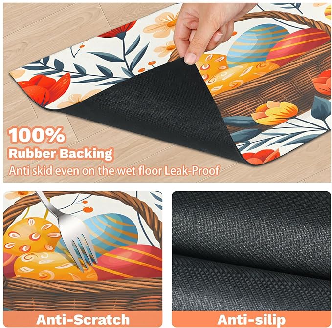 Spring Easter Dog Food Mat for Floors Absorbent Dog Bowl Mat for Food and Water Dispenser Quick Dry Cat Food Placemat Pet Supplies 17" x 30", Flower Egg