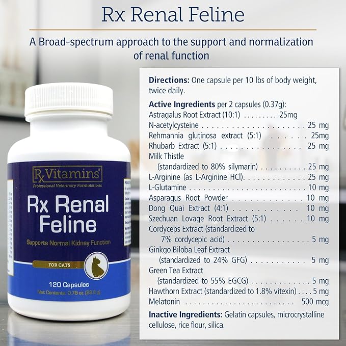 Rx Vitamins Renal Feline - Cat Kidney Support with Milk Thistle for Cats - Anti Inflammatory for Cats - Boosts Antioxidant Health & Liver Support - Cat Immune Booster - 120 Capsules