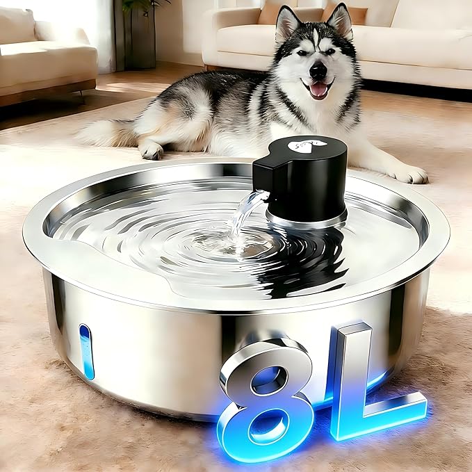 Dog Water Fountain, 8L Stainless Steel Dog Water Fountain for Large Dogs, Dog Water Bowl Dispenser, Super Quiet Pump and Replacement Filters for Cats and Dogs (Silver-8L+16Filters)