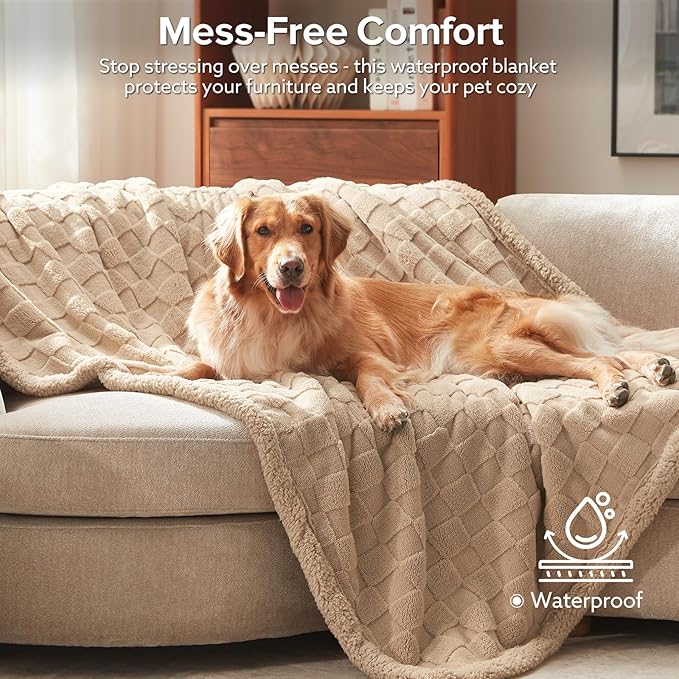 GASUR Waterproof Dog Blankets for Large Dogs, Dog Blanket for Couch Bed, Fleece Pet Blanket for Furniture Sofa Protector, Soft Pet Throw Blankets for Crate Car Outdoor, Washable, 50"x60",Beige