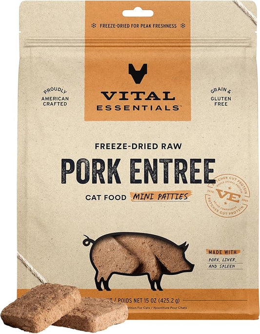Vital Essentials Freeze Dried Cat Food, Raw Pork Mini Patties | Complete Meal or Topper | Easy to Portion and Rehydrate | High Protein, Grain Free Dry Cat Food |15 oz Bag