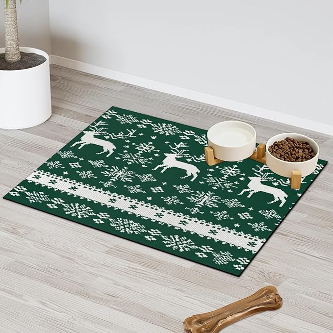 Xmas Deer Dog Food Mat for Floors Absorbent, Quick Dry Water Dispenser Mat for Food, Water, Pet Supplies 16" x 24", Snowflake