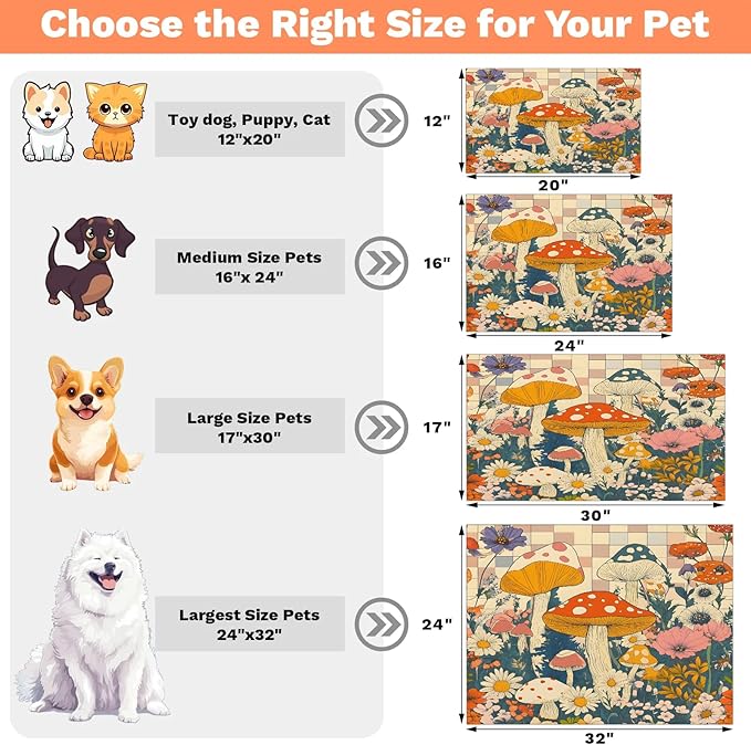 Boho Mushrooms Dog Food Mat for Floors Absorbent Dog Bowl Mat for Food and Water Dispenser Quick Dry Cat Food Placemat Pet Supplies 24" x 32", Flower Floral