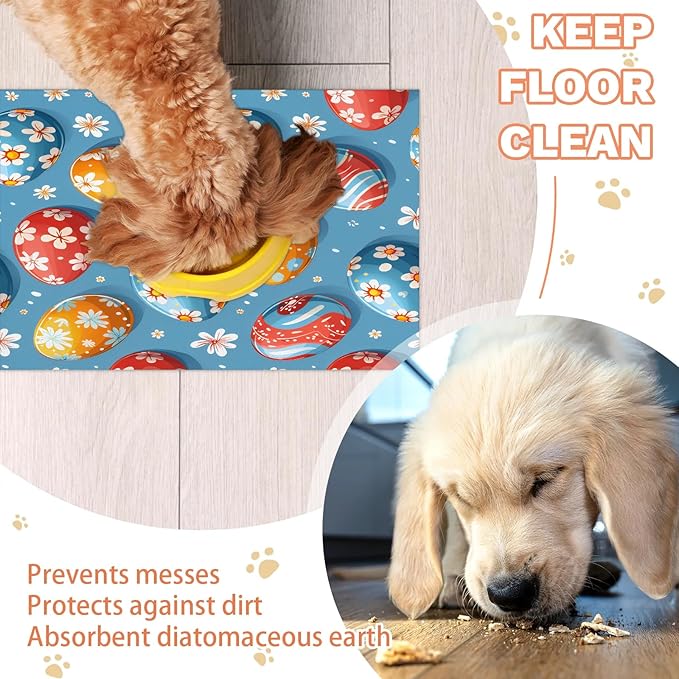 Easter Eggs Dog Food Mat for Floors Absorbent Dog Bowl Mat for Food and Water Dispenser Quick Dry Cat Food Placemat Pet Supplies 16" x 24", Daisy Flower