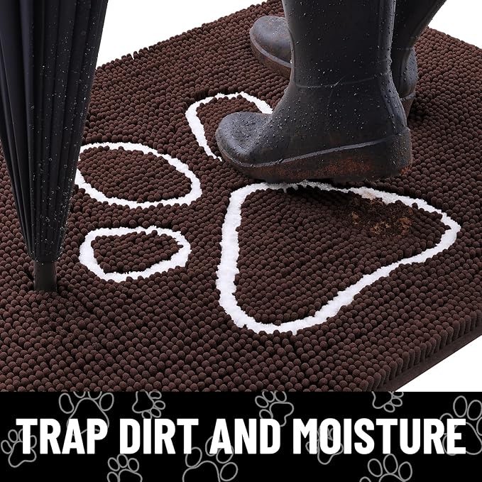 Smiry Dog Door Mat for Muddy Paws, Absorbent Dirt Trapper Non Slip Quick Dry Washable Chenille Mat for Mud Dogs, Entry Rug for Indoor and Outdoor (71x46 Inches, Brown and White)