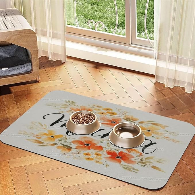 Pet Feeding Mat Happy Mother's Day Floral Gift for Mom Io Absorbent Pet Placemat for Food Water Bowl with Waterproof Rubber Backing 18X12In Quick Dry Water Dispenser Mat Dog Cat