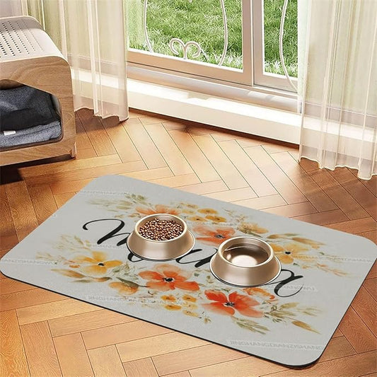 Pet Feeding Mat Happy Mother's Day Floral Gift for Mom Io Absorbent Pet Placemat for Food Water Bowl with Waterproof Rubber Backing 18X12In Quick Dry Water Dispenser Mat Dog Cat