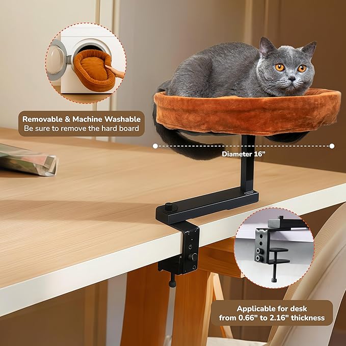 [Ready to Gift] PURRHOUSE Up to 45LBS Capacity Cat Desk Bed - 360° Rotating & Adjustable Shelf, Pet Perch for Desks with Washable Cushion, Desk Cat Bed Attachment for Various Tables (Brown)
