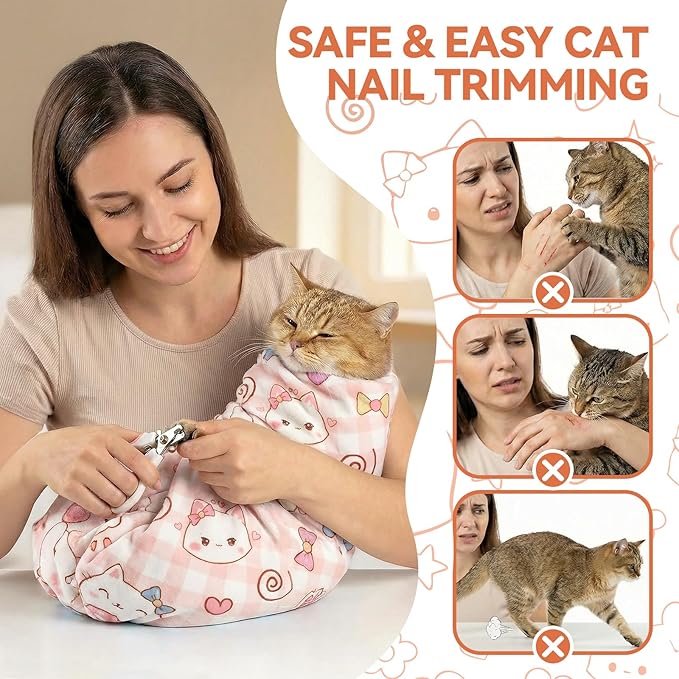 BFNN Cat Grooming Wrap for Cutting Nails, 27.6" Anti-Escape Calming Cat Swaddle Wrap for Medicine, Nail Clipping, Teeth Brushing, Ear Cleaning, Self-Adherent Burrito Restraint, (Happy Kitty, L)
