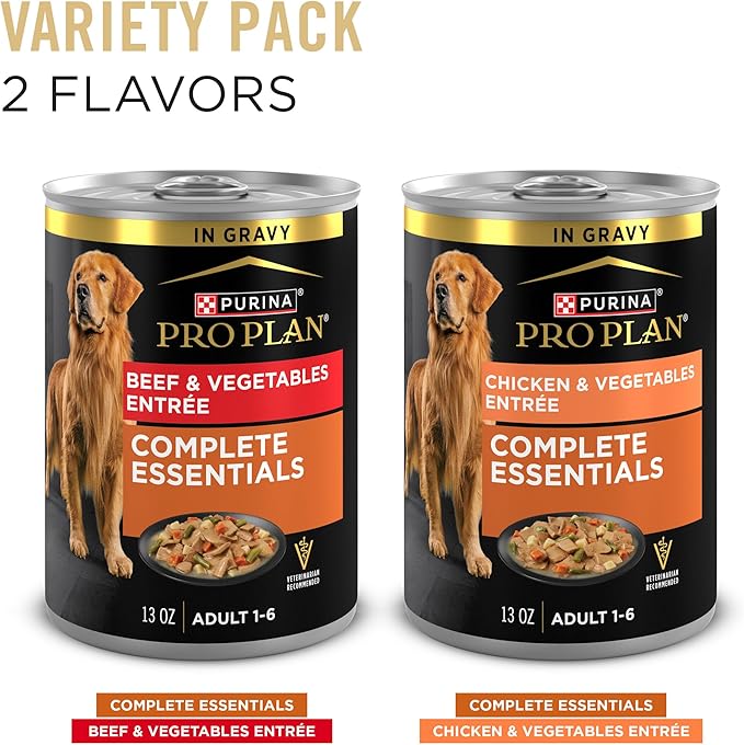 Purina Pro Plan Complete Essentials Wet Dog Food Chicken and Vegetables Entree and Beef and Vegetables Entree Variety Pack - (Pack of 12) 13 oz. Cans