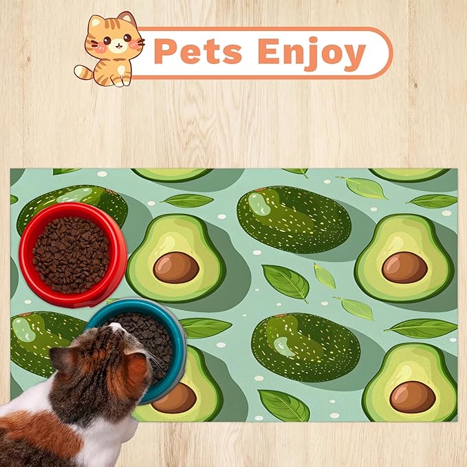 Avocado Dog Food Mat for Floors Absorbent Dog Bowl Mat for Food and Water Dispenser Quick Dry Cat Food Placemat Pet Supplies 16" x 24", Green Fruit