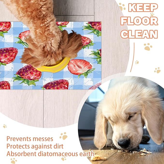 Strawberry Fruit Dog Food Mat for Floors Absorbent Dog Bowl Mat for Food and Water Dispenser Quick Dry Cat Food Placemat Pet Supplies 24" x 32", Buffalo Check