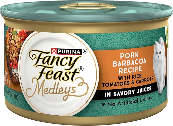 Purina Fancy Feast Medleys Wet Food For Cats Pork Barbacoa With Rice, Tomatoes and Carrots in Savory Juices - (Pack of 24) 3 oz. Cans