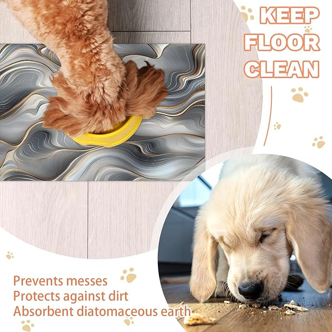 Marble Dog Food Mat for Floors Absorbent, Quick Dry Water Dispenser Mat for Food, Water, Pet Supplies 17" x 30", Grey Gold Abstract