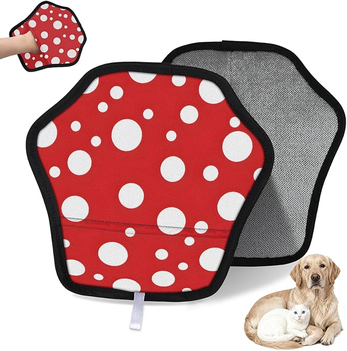 Round Dots Print Electrostatic Pet Hair Removal Glove for Cats & Dogs - Reusable Grooming Mitt for Couch, Carpet, Car Seat & Laundry - Large 9x9 Inch