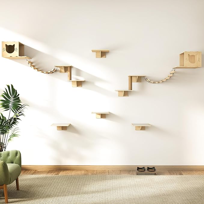 8 in 1 Cat Wall Shelves Cat Climber Set, Wall Mounted Cat Furniture with Scratching Post, Cat Bridge, Cat Condos and Cat Perches