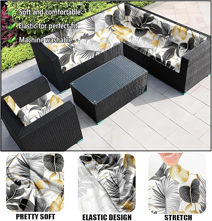 HANDONTIME 8Pcs Outdoor Patio Cushion Covers Tropical Palms Stretch Couch Cushion Cover Patio Couch Slipcover for Outdoor/Indoor Washable Non-Slip Furniture Protector for Pet (Black Gold, Cover Only)