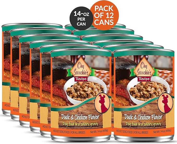 Scoochie Pet Products Chef Scoochie's Duck & Chicken Dog Food in Rich Gravy Natural Wet Food - Easy Open Pop-Top Cans for Grown Dogs - Complete Meal or Food Topper 12 Cans (14 oz e.)