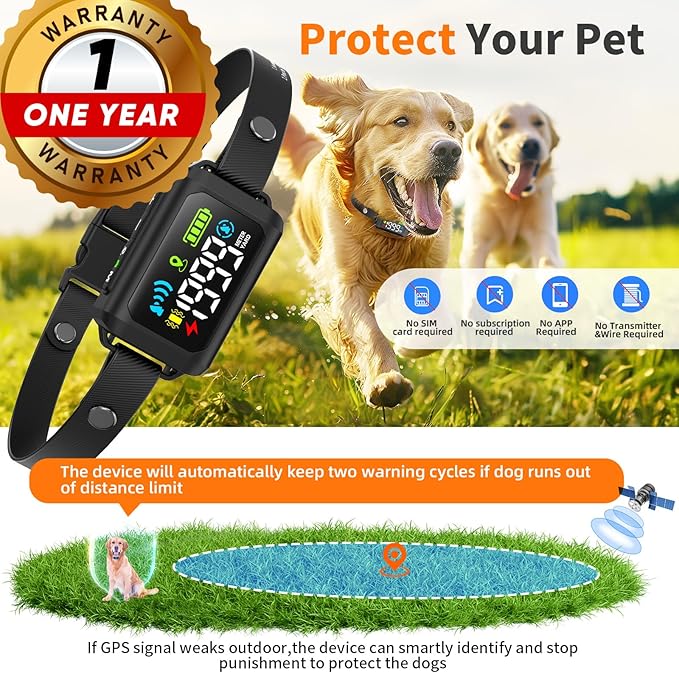 GPS Wireless Dog Fence - No Monthly Fee, Waterproof Pet Containment System with Smart Shock Collar - Safe GPS Tracker for Dogs - Adjustable, Rechargeable, Easy Setup