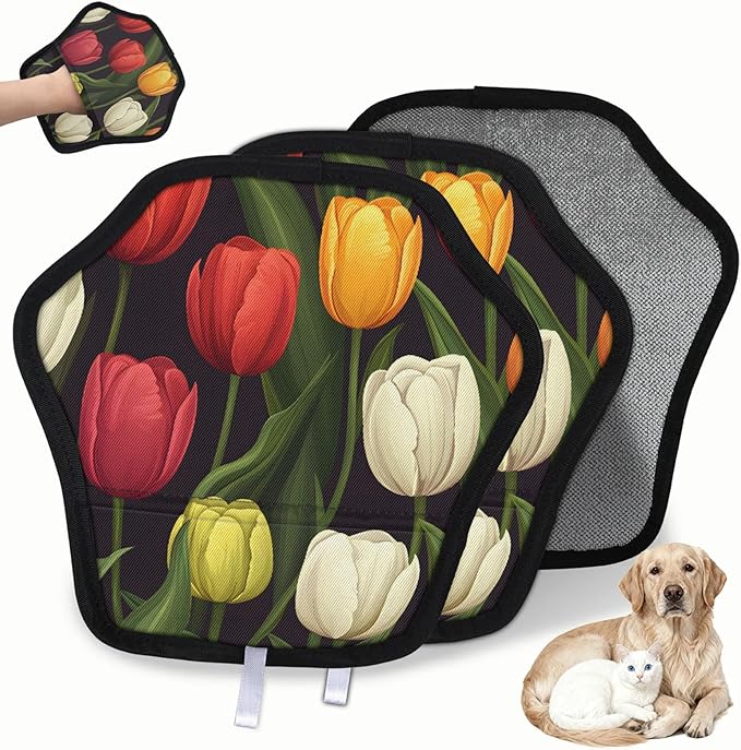 Flower Tulip Theme Electrostatic Pet Hair Removal Glove for Cats & Dogs - Reusable Grooming Mitt for Couch, Carpet, Car Seat & Laundry - Large 9x9 Inch