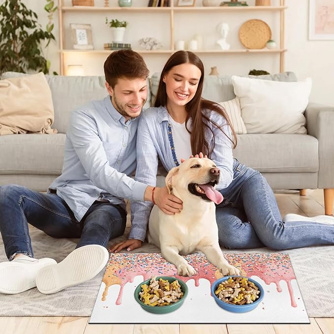 Ice Cream Dog Food Mat for Floors Absorbent Dog Bowl Mat for Food and Water Dispenser Quick Dry Cat Food Placemat Pet Supplies 24" x 32", Sweet Food