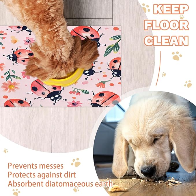 Red Ladybirds Dog Food Mat for Floors Absorbent, Quick Dry Water Dispenser Mat for Food, Water, Pet Supplies 17" x 30", Wildflowers