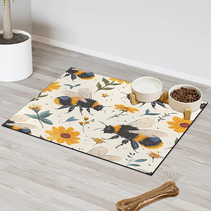 Boho Bee Dog Food Mat for Floors Absorbent, Quick Dry Water Dispenser Mat for Food, Water, Pet Supplies 17" x 30", Spring Floral