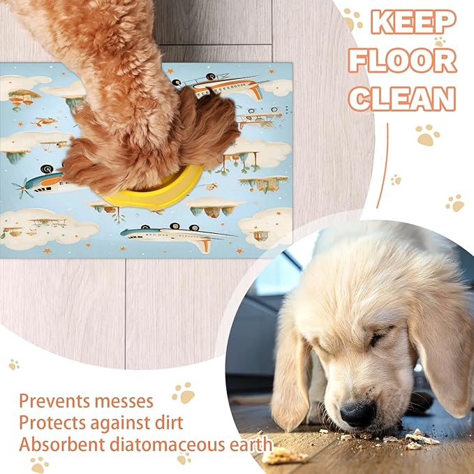 Cartoon Airplane Dog Food Mat for Floors Absorbent, Quick Dry Water Dispenser Mat for Food, Water, Pet Supplies 17" x 30", Star Clouds
